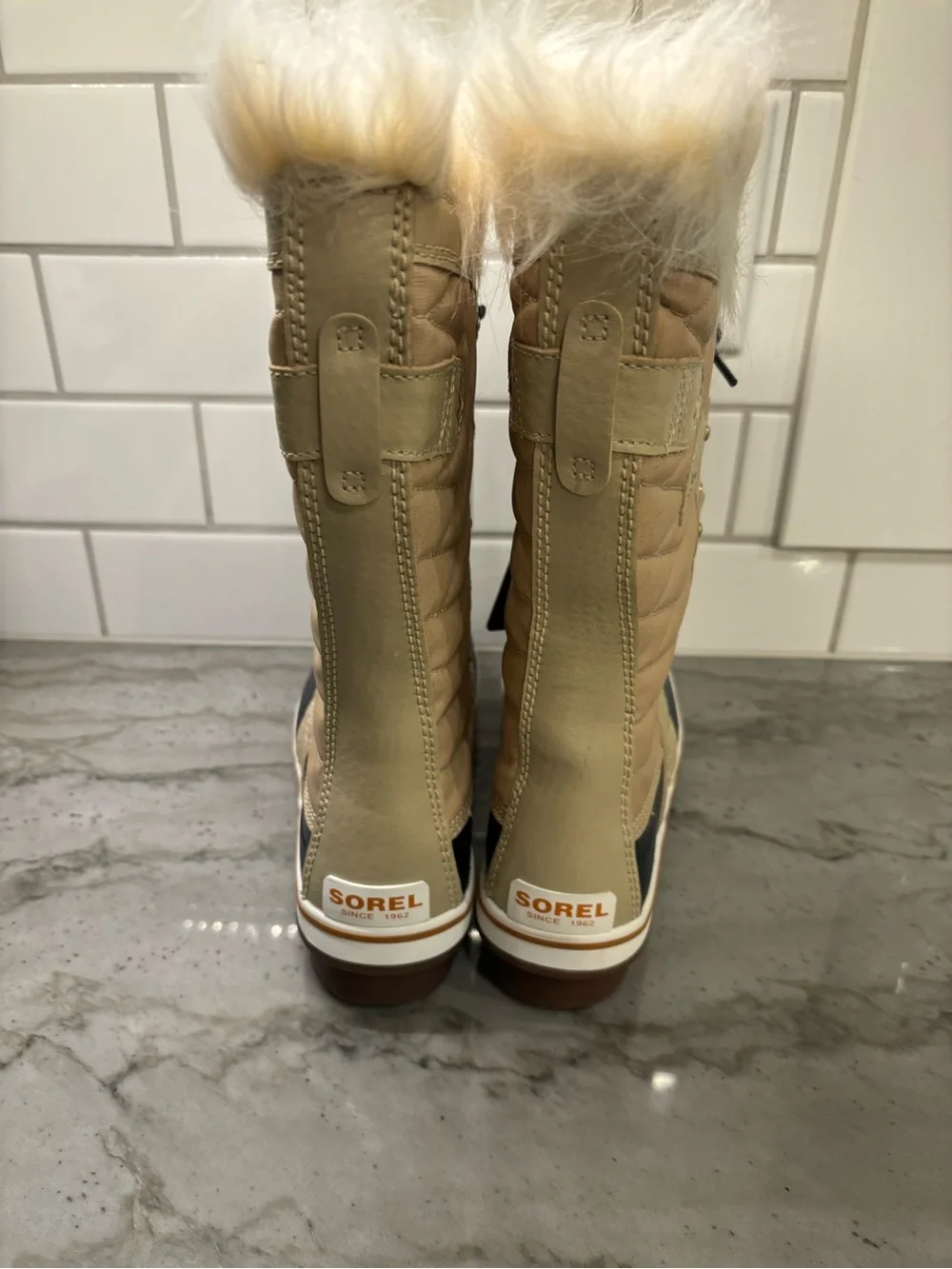 Sorel Women’s Torino Winter Lace-Up Boots in Beige and Black with Faux Fur Trim